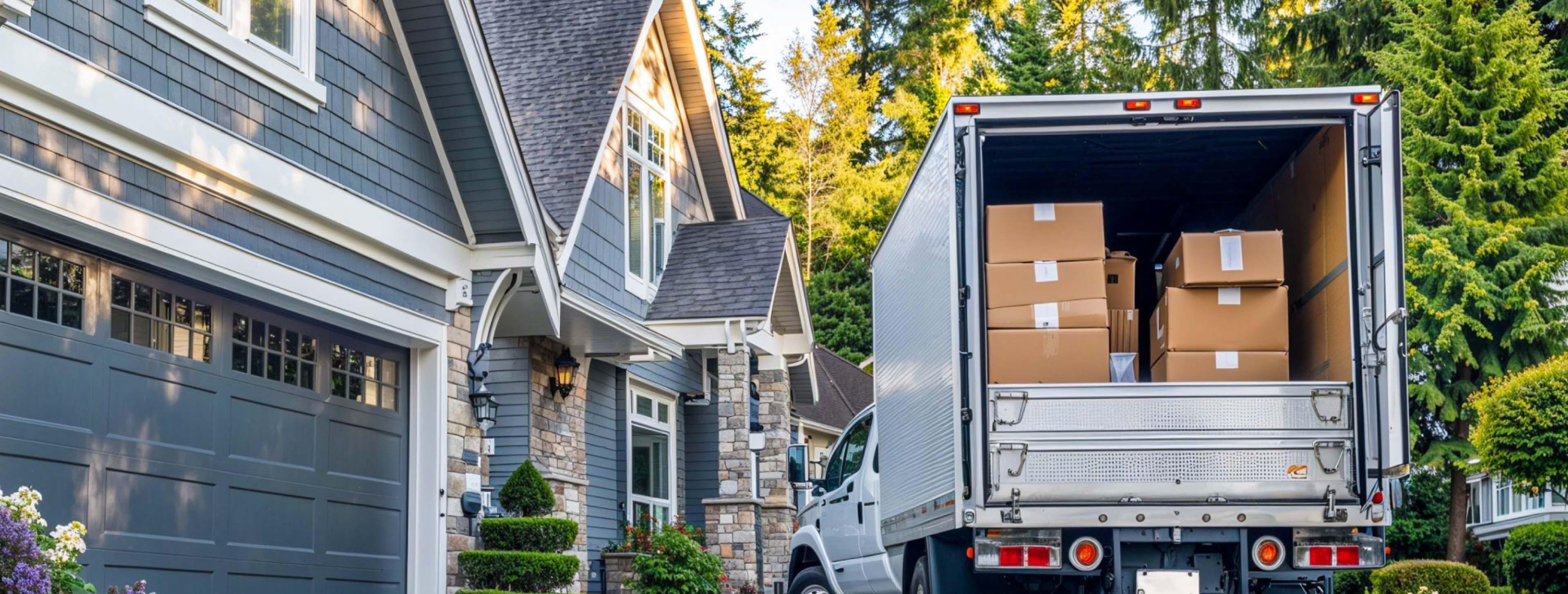 Rear view of IVL moving truck loaded with boxes parked in front of a suburban house during a move.