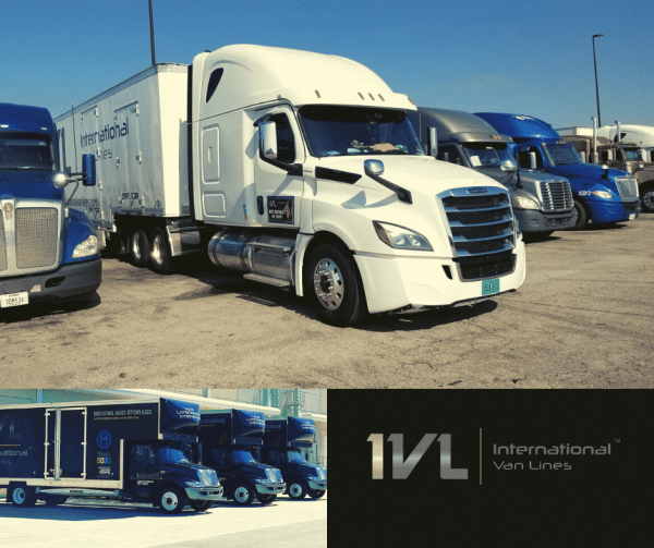 Collage featuring multiple International Van Lines moving trucks