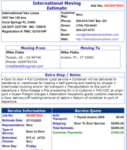 Example of international moving estimates